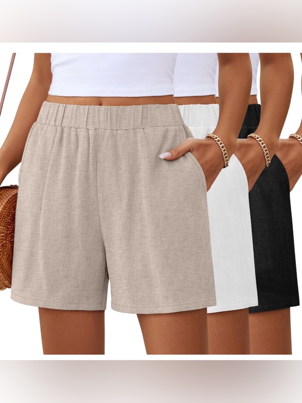 NWT Ficerd 3 Pack Women's Casual Linen Shorts Elastic Waist with Pockets Medium